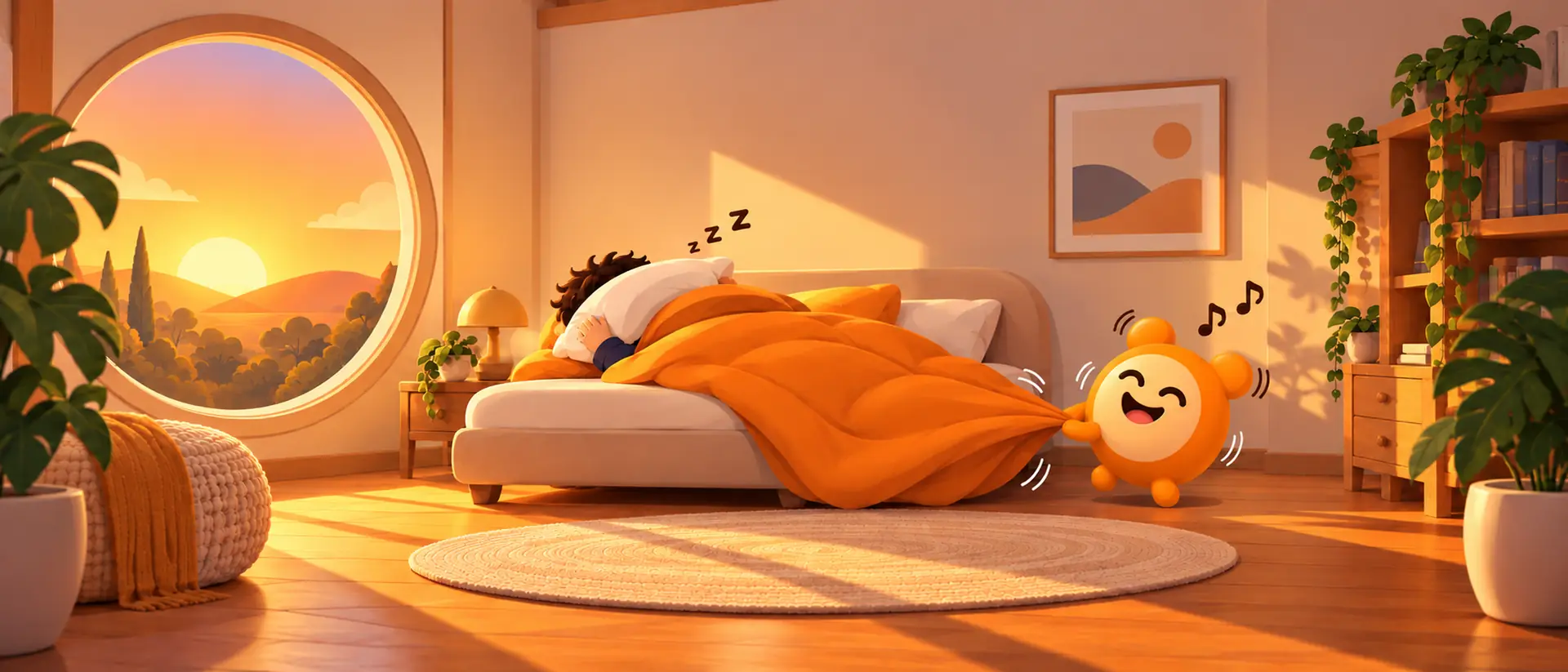 Illustration: Wakely’s orange alarm-clock mascot, ringing, tugs the duvet off someone still asleep in a sunlit bedroom.