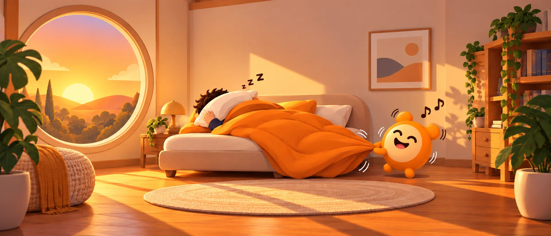 Illustration: Wakely’s orange alarm-clock mascot, ringing, tugs the duvet off someone still asleep in a sunlit bedroom.